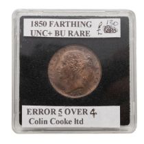 1850 high-grade 5 over 4 error Queen Victoria copper Farthing, ex. Colin Cooke (S 3950). Obverse:...