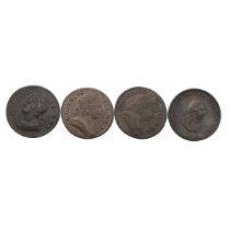 Four (4) King George II and King George III copper Farthings. Includes (1) 1746 Farthing, S 3722,...