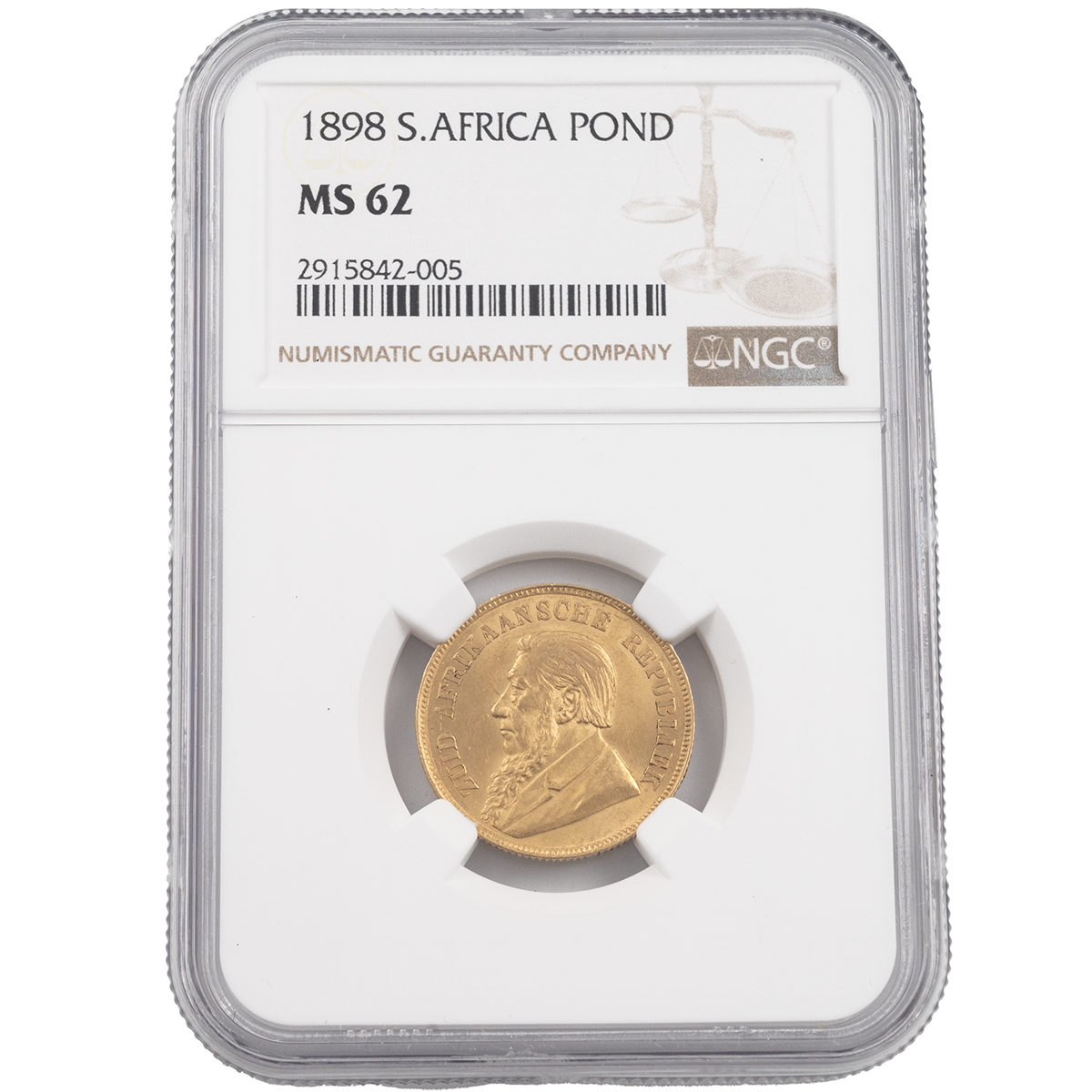 1898 South Africa Z.A.R. 22-carat gold Pond coin graded MS 62 and sealed in holder by NGC. Obvers...