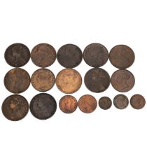 Seventeen (17) 19th century copper and bronze coins, primarily of Queen Victoria. Includes (1) 18...