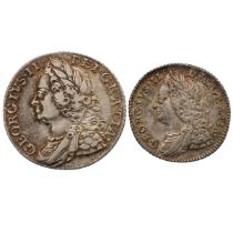 Two (2) King George II silver coins. Includes (1) 1758 Shilling with old laureate bust, S 3704, a...