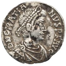 367-383 AD Gratian silver AR Siliqua, Lugdunum (Lyon) mint (RIC 27). Obverse: draped and diademed...