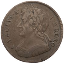 1675 King Charles II copper Halfpenny coin (S 3393). Obverse: left-facing laureate cuirassed bust...