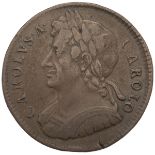 1675 King Charles II copper Halfpenny coin (S 3393). Obverse: left-facing laureate cuirassed bust...