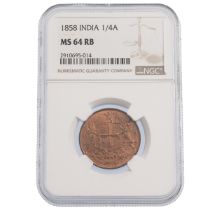 1858(w) British India J Watt & Sons Victorian copper Quarter Anna (1/4A) coin graded MS 64 RB. Ob...