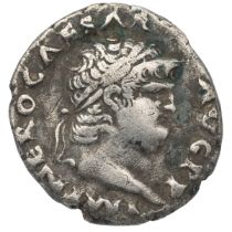 54-68 AD Nero silver AR Denarius, mint of Rome (RIC 67). Obverse: right facing laureate bust with...