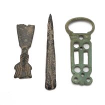 Three (3) artefacts found metal detecting. Includes (1) Bronze Age chisel, 50mm, (2) early-mediev...