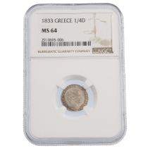 1883 Greek silver King Otto Munich mint Quarter Drachma (1/4D) coin graded MS 64 by NGC. Obverse:...