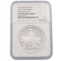 2019 Royal Mint Una and the Lion silver proof 2oz coin graded PF 68 Ultra Cameo by NGC. Obverse: ...