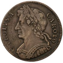 1673 high-grade King Charles II copper Halfpenny (S 3363). Obverse: old, laureate cuirassed bust,...
