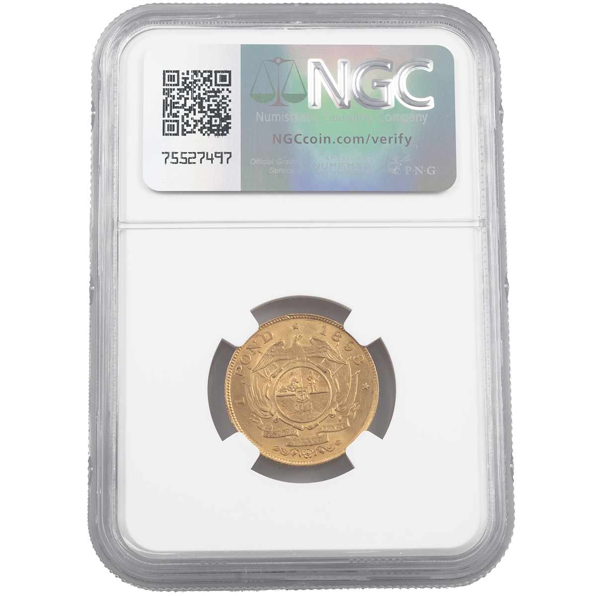 1898 South Africa Z.A.R. 22-carat gold Pond coin graded MS 62 and sealed in holder by NGC. Obvers... - Image 3 of 4