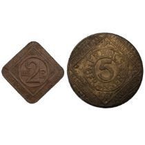Two (2) examples of WWI Necessity Money occupation coinage from the city of Ghent, Belgium. Inclu...