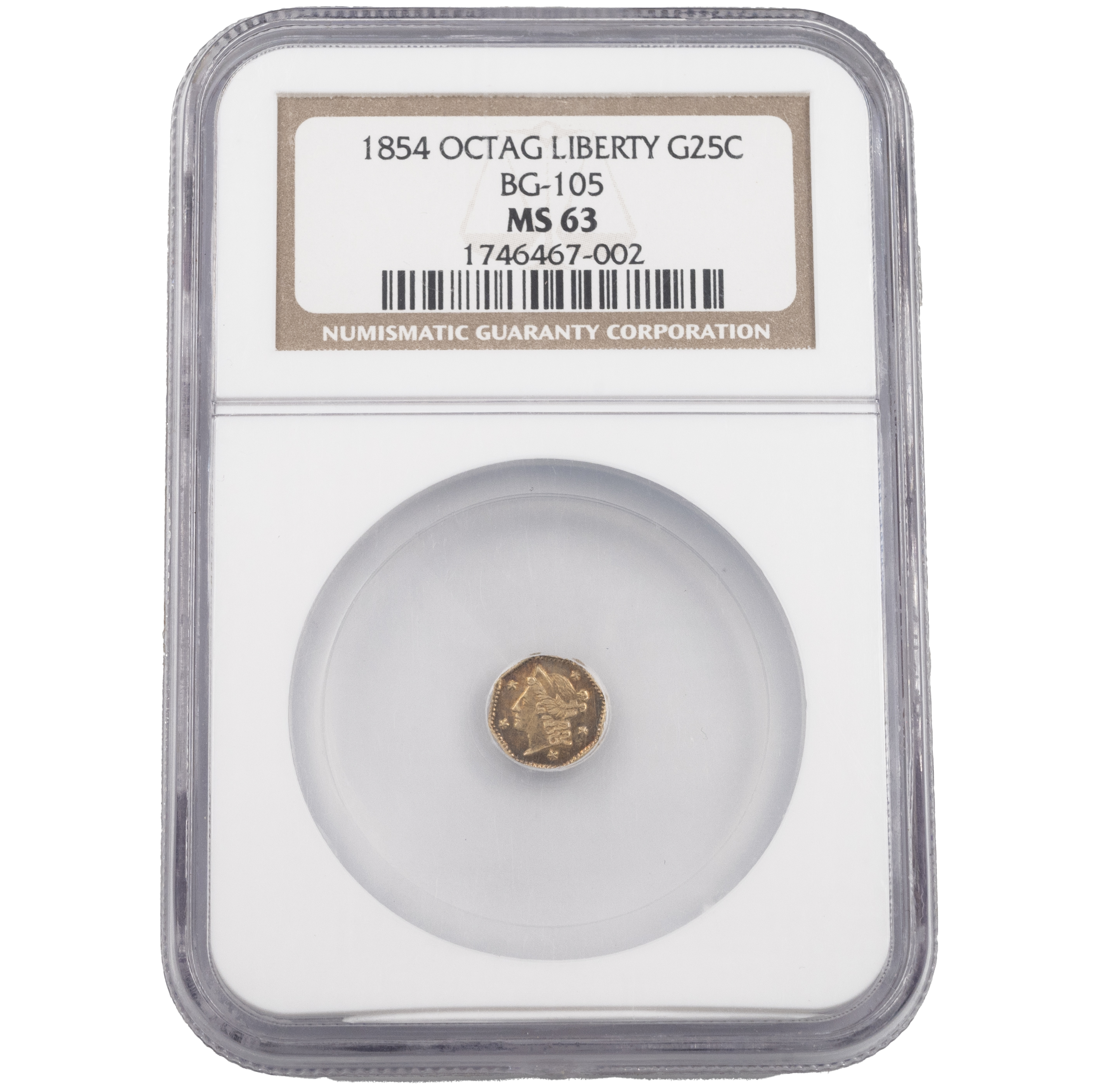25¢ 'Cal Fracs' eight-sided octagonal gold coin graded MS 63 by NGC. Obverse: left-facing liberty... - Image 3 of 4