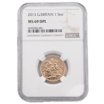 2013 gold Sovereign Queen Elizabeth II Royal Mint graded MS 69 DPL by NGC. Obverse: Jody Clark's ...