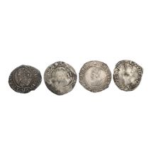Four (4) King Charles I hammered silver Halfgroats. Includes (1) 1645-1646 Halfgroat with sun min...