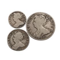 Three (3) 1707 Queen Anne Edinburgh mint post-Union silver coins, all with 'E' under the bust. In...