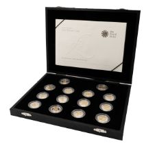 2008 25th Anniversary 14-coin silver proof £1 set with selective gold plating in original Royal M...