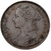 1886 Queen Victoria bronze 'Bun Head' Penny with dies 12+N (S 3954). Obverse: type 12 left-facing...