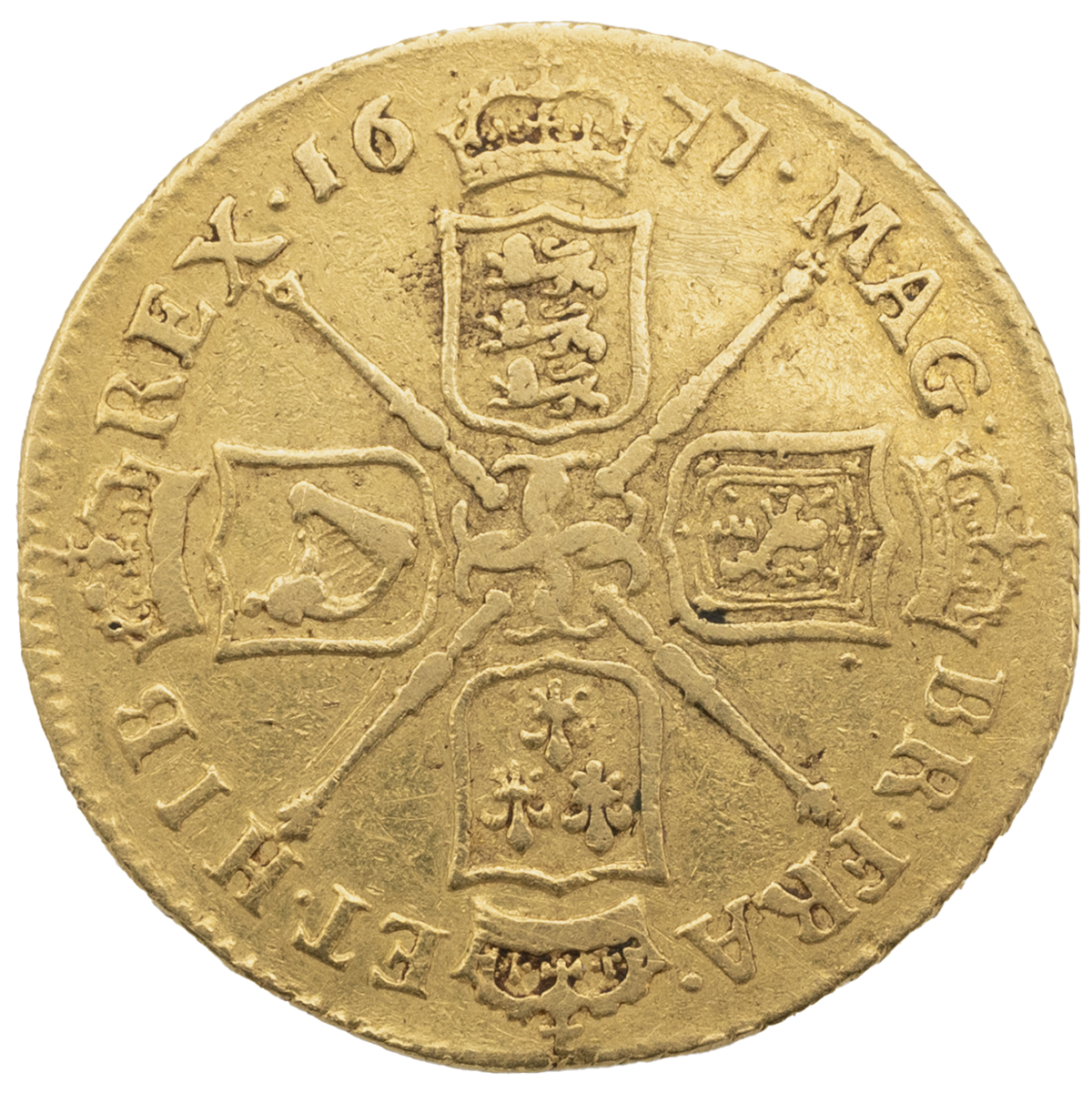 1677 King Charles II regular strike gold Guinea with fourth laureate bust (S 3344). Obverse: righ... - Image 2 of 2