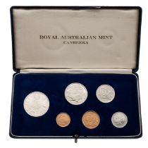1966 Royal Australian Mint six coin decimal proof set in the original blue presentation box. Incl...