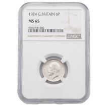 1924 King George V second coinage silver Sixpence graded MS 65 by NGC (S 4024, ESC 1810). Obverse...