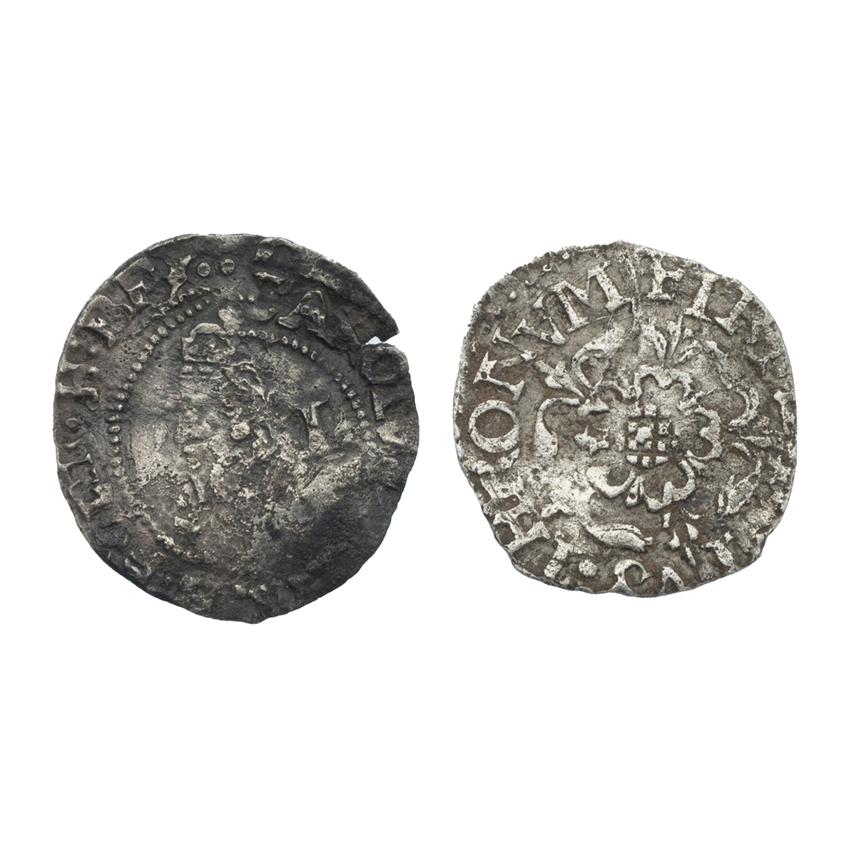 Two (2) 1625-1649 King Charles I hammered silver Pennies. Includes (1) Penny with two pellet mint...
