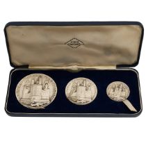 1969 Charles Prince of Wales Investiture 3-piece antiqued silver medal set by John Pinches. Inclu...