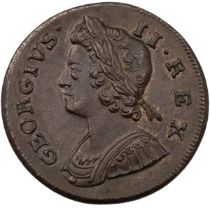 1738 King George II uncirculated copper Halfpenny with young laureate cuirassed bust (S 3717). Ob...