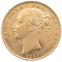 1857 Queen Victoria 'Young Head' gold Sovereign with close date (S 3852D, Marsh 40). Obverse: bar...
