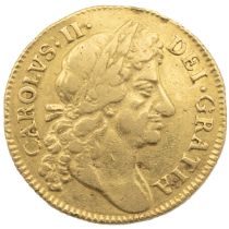 1677 King Charles II regular strike gold Guinea with fourth laureate bust (S 3344). Obverse: righ...