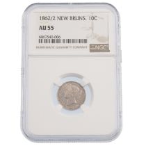 1862/2 New Brunswick Canadian provinces 2 over 2 10 Cents (10¢) graded AU 55 by NGC. Obverse: lef...