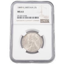 1849 Queen Victoria scarce silver 'Godless' Florin or Two Shillings graded MS 61 by NGC (S 3890)....