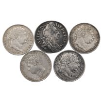 Five (5) milled silver Sixpences in collectable grades. Includes (1) 1696 King William III Sixpen...