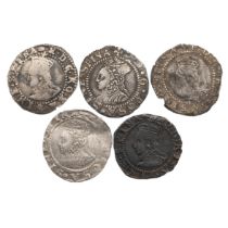 Five (5) Queen Elizabeth I hammered silver Pennies. Includes (1) 2nd issue Penny with cross cross...