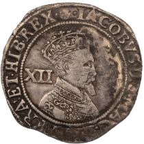 1605-1606 King James I Second Coinage hammered silver Shilling with rose mintmark (S 2652). Obver...