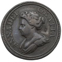 1713 Queen Anne copper pattern Farthing (Peck 737). Obverse: draped bust, facing left, 'ANNA · DE...