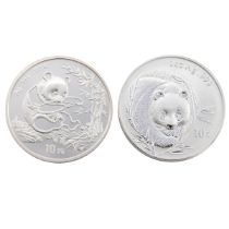 Two (2) China 999 silver 1oz 10 Yuan Panda coins, brilliant uncirculated in capsules. Includes (1...