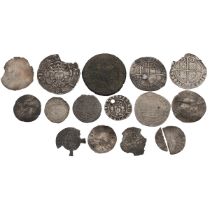 Sixteen (16) hammered coins found metal detecting, damaged and low grade. Includes Queen Elizabet...