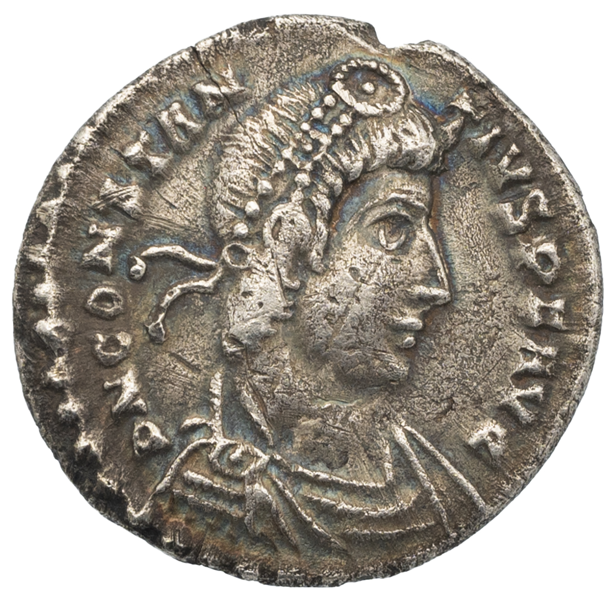 337-361 AD Constantius II silver AR Siliqua, Lugdunum (Lyon) mint (Sear 17932). Obverse: draped, ...