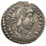 337-361 AD Constantius II silver AR Siliqua, Lugdunum (Lyon) mint (Sear 17932). Obverse: draped, ...