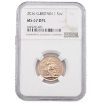 2016 Queen Elizabeth II gold 'full' Sovereign from The Royal Mint graded MS 67 DPL by NGC. Obvers...