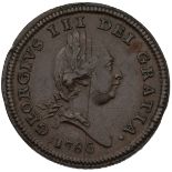 1786 King George III copper Isle of Man Halfpenny with engrailed edge. Obverse: right-facing laur...