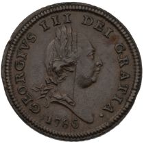 1786 King George III copper Isle of Man Halfpenny with engrailed edge. Obverse: right-facing laur...