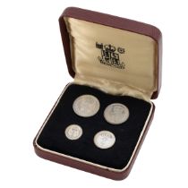 1973 Queen Elizabeth II four-coin silver Maundy Money set in Royal Mint box, sealed in pack. Incl...