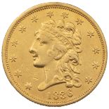 1836 USA gold Quarter Eagle Philadelphia $2.50 block 8 coin designed by William Kneass. Obverse: ...