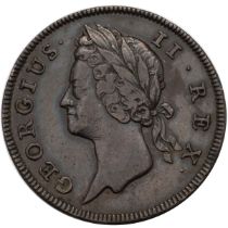 1736 King George II copper type I Halfpenny struck for use in Ireland (S 6605). Obverse: left-fac...