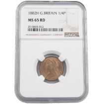1882 Top Pop Queen Victoria Heaton Mint bronze Farthing graded MS 65 RD by NGC (S 3959). Obverse:...