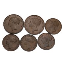 Six (6) 1840s and 1850s Victorian 'Young Head' copper Pennies and Halfpennies. Includes (1) 1853 ...