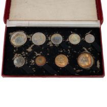 1950 King George VI base metal specimen proof set with nine coins in the original box. Includes (...