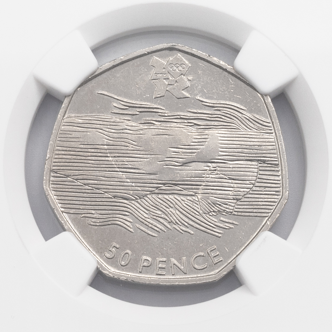 2011 Olympic Aquatics 50p with rare lines over the face variation, graded AU 53 by NGC. Obverse: ... - Image 3 of 4